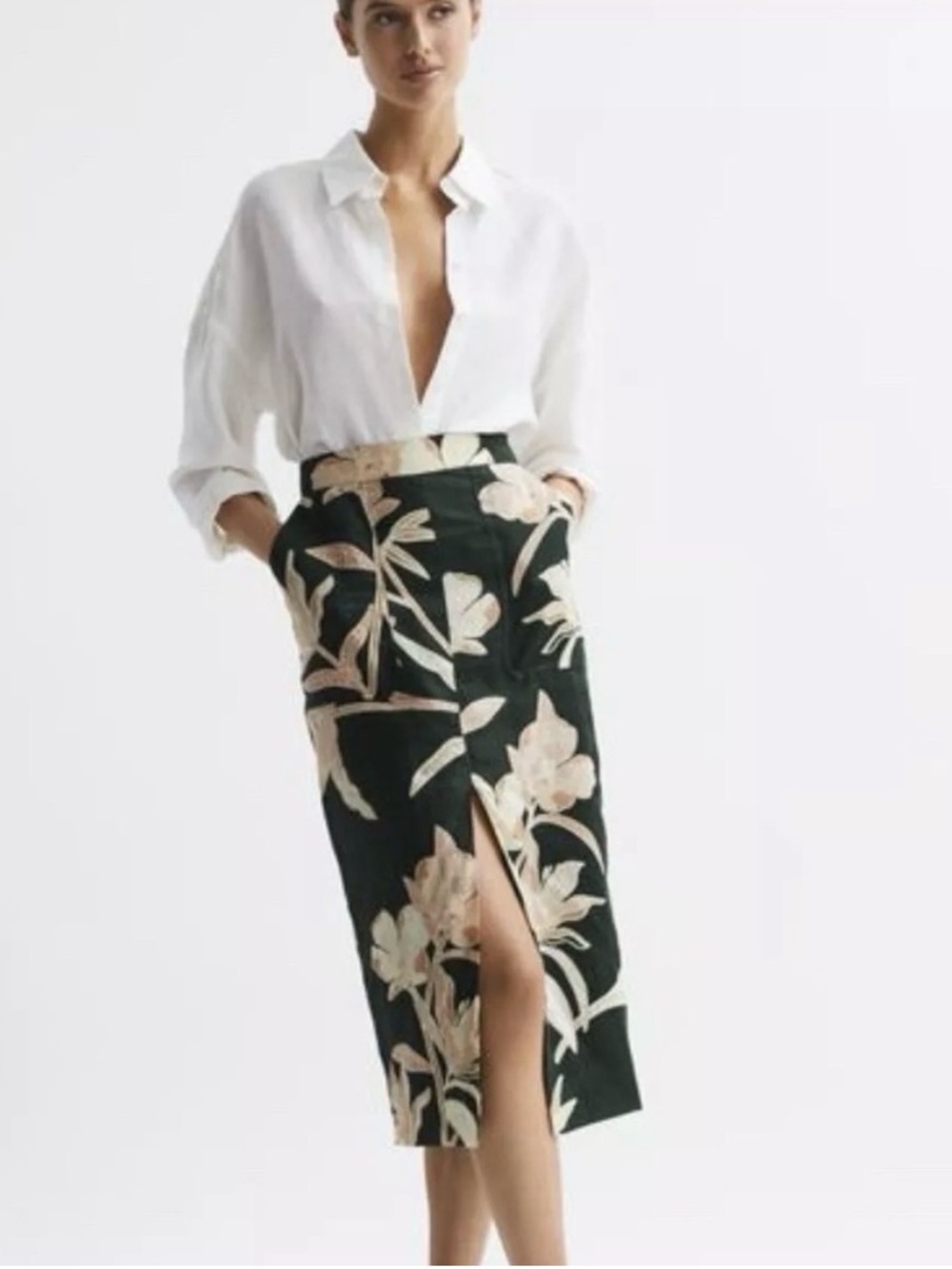 Reiss Jackson Floral Pencil Front Slit Midi Skirt